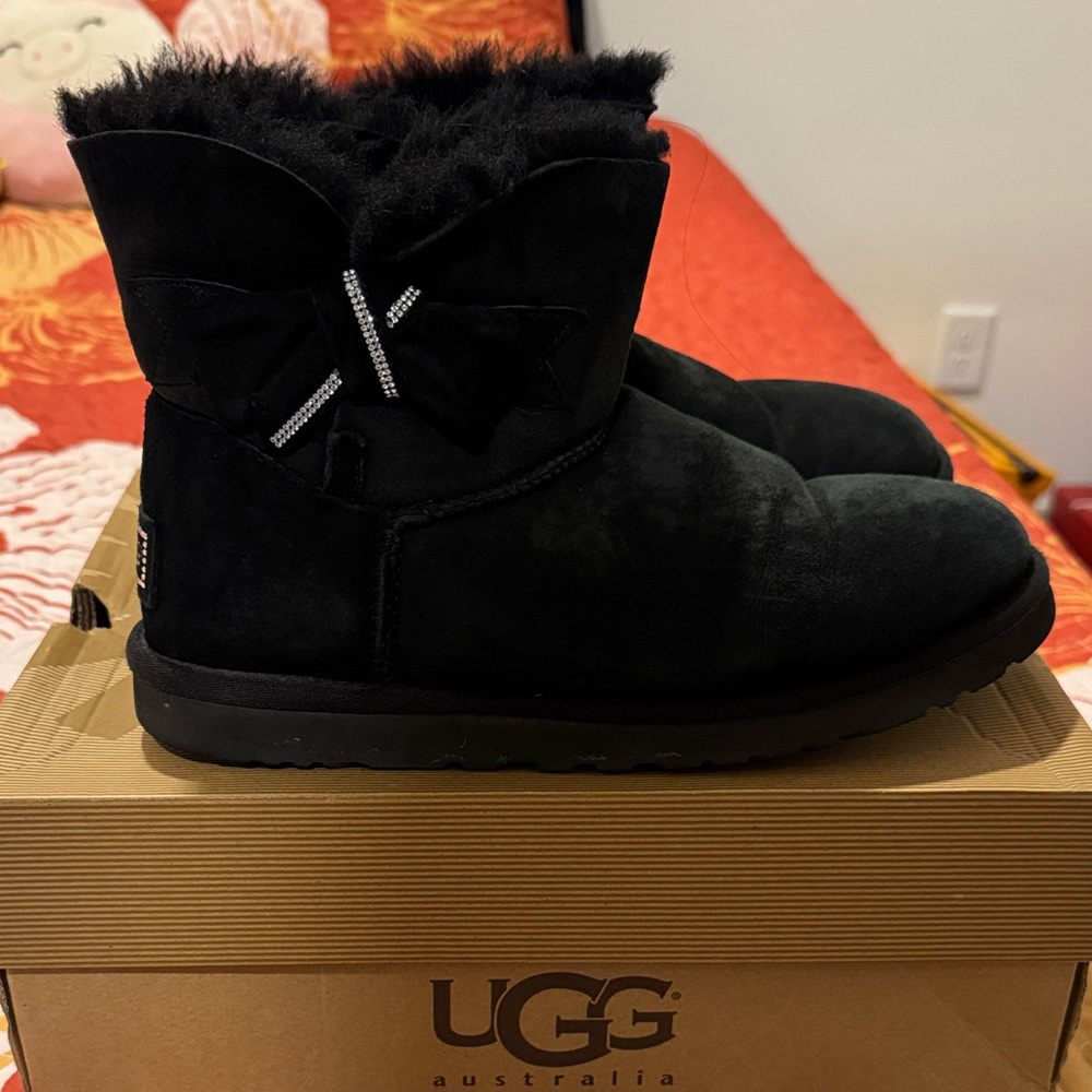 UGG Women's Black Suede Winter Boots with Crystal Bow